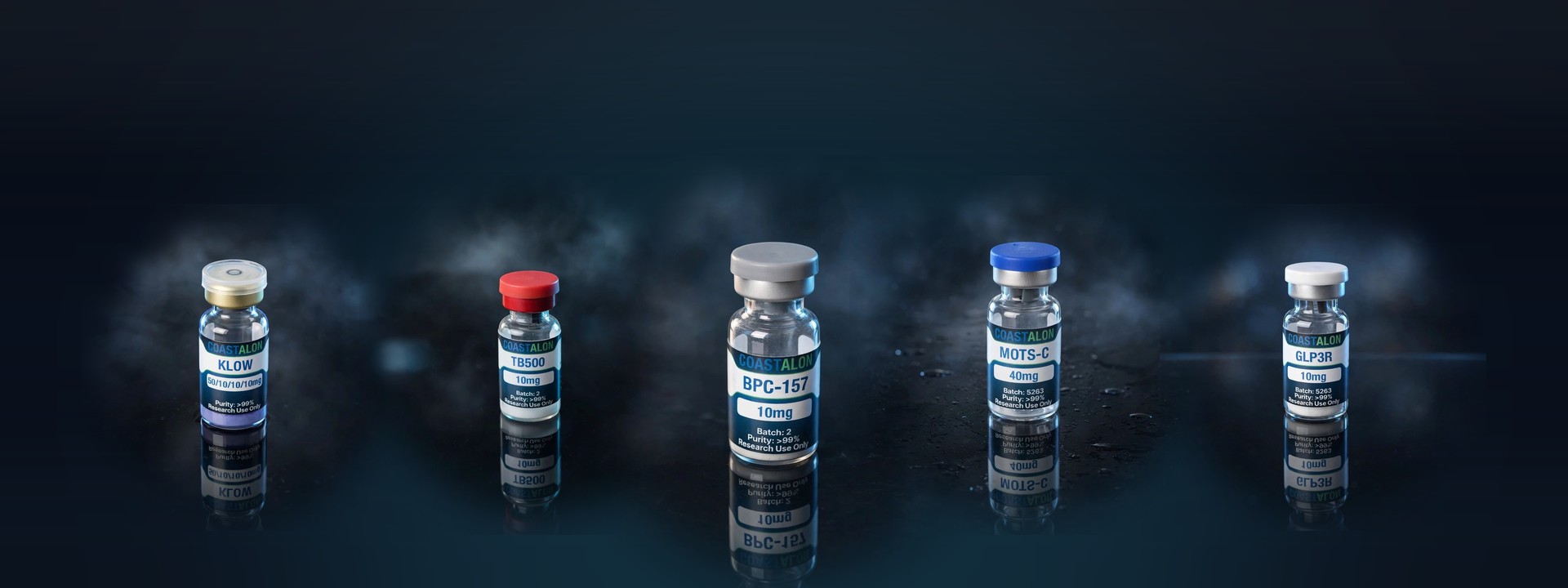 Coastalon Peptides top 5 bestsellers: KLOW, TB500, BPC-157, MOTS-C and GLP3R research vials